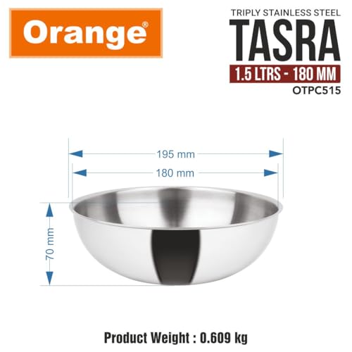 Image of Orange Stainless Steel (Triply Tasra Without Lid, 1.5 LTR, 18cm) 3 Layers Kadai | Heavy Bottom | 2.5mm Thickness | Multi-Purpose & Durable | Induction and Gas Stove Friendly | 5 Year Warranty, Silver