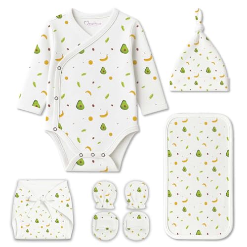 Image of MOM'S HOME Organic Cotton Baby Clothing Set | Baby Essential Clothes For Newborn | Baby Shower Gift Hamper | 0-6 Months | Avocado | Pack of 6