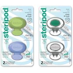 Steripod Clip-On Toothbrush Protector, Keeps Toothbrush Fresh and Clean, Fits Most Manual and Electric Toothbrushes, Blue, Green, Clear, 4 Count