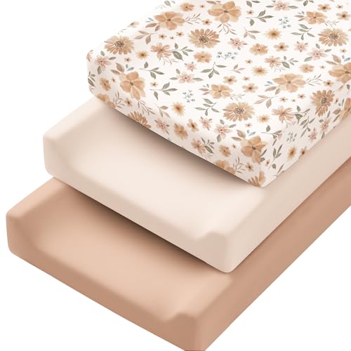 Image of Konssy 3 Pack Stretchy Changing Pad Covers, 32 inchx16 inch Changing Table Sheets | Silky Soft & Breathable Fabric, 360 Full Elastic Fit, Floral Printed & Solid Designs, for Baby Girls & Boys (Flourish)