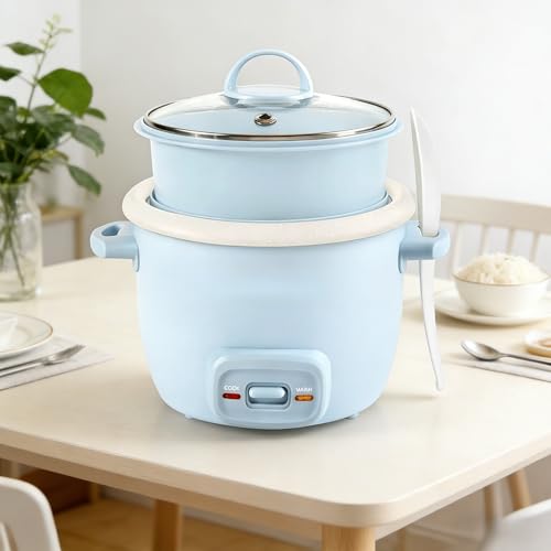 Generic - 2-Cup Uncooked Rice Cooker Steamer Blue Non-Stick Ceramic Inner Pot Pop-Up Drawer for Rice Veggies