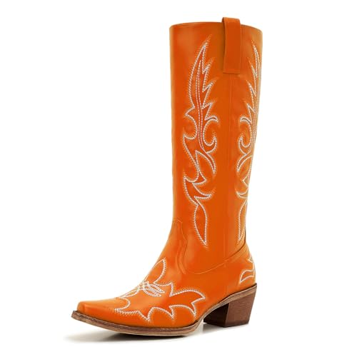 Image of Uillnoodu Women's Turquoise Cowgirl Boots - Wide Calf Mid Calf Western Boots Plus Size Embroidered Cowboy Style with Block Heel