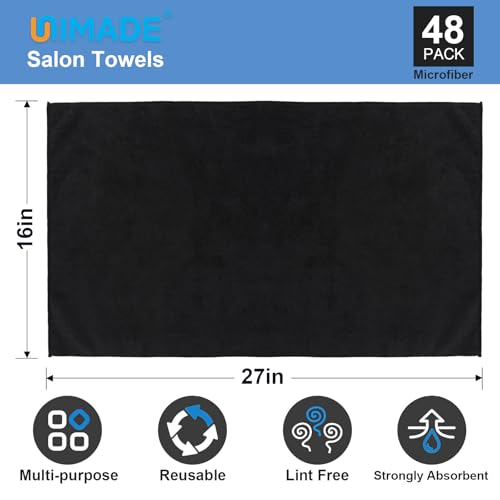 Image of UNIMADE 48 Pack Salon Towels - Highly Absorbent and Quick Drying Hand Towels, Premium Wash Cloths for Bathroom, Gym, Shower, Hotel, and Spa - 16x27 inch (Black)