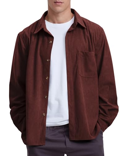 Locachy Men's Casual Corduroy Shirt Loose Button Down Corduroy Shacket Jacket, Brown, M