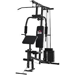 Maquina Pendulo Gym HOMCOM Multiestación Máquina de Musculación con Estribo para Piernas Poleas y Placas de Peso de 45 kg para Entrenamiento Fitness en Hogar Gimnasio 148x108x207 cm Negro