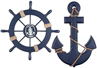 MDLUU Ship Wheel Decor, 28cm Wooden Ship Rudder, 33cm Anchor Hanging Ornament for Mediterranean Nautical Room, Party Decor, Pack of 2 (Navy Blue)