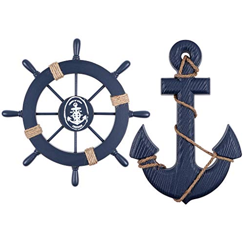 MDLUU Wooden Nautical Ship Steering Wheel, Small Ship Rudder and Anchor Wall Decor Set, 11' Navy Blue Helm Wheel Beach Theme Hanging Ornament
