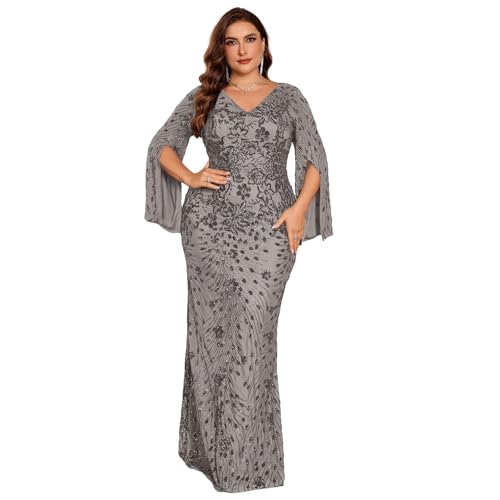 Image of Plus Size Formal Dresses for Women with Embroidery Sequin and Cape Sleeve, V-Neck Maxi Dress for Wedding and Party