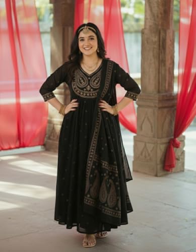 Image of GoSriKi Rust Anarkali Kurta Set for Women with Dupatta | Cotton Kurti Set for Woman | Embroidered Anarkali Suit for Women Kurti Pant Set with Dupatta | Suit Set for Women Latest