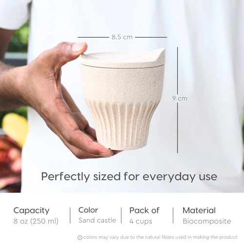 Image of Eha Earth Friendly Rafter Coffee Mug with Lid | Tea Cup Set | 250 ml | Made with Rice Husk | Microwave Safe Mugs for Gifting | 4 Unit | Sand Castle