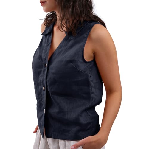 Amazhiyu Women's 100% Linen Summer Sleeveless Button-Down Tops Slight Crop Vest3