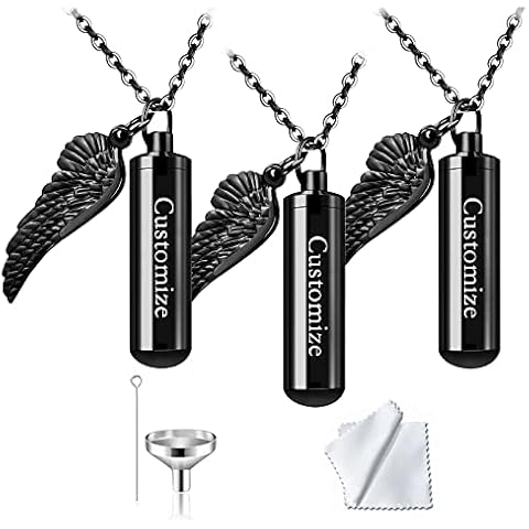 weikui 3 Pack Cylinder Urn Necklaces for Ashes Memorial Keepsake Pendant with Angel Wing Charm Necklace Stainless Steel Waterproof Cremation Jewelry for Ashes Locket Pendant-Forever Loved Cover