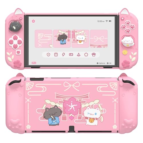 PlayVital Funda para Nintendo Switch OLED con Soporte Extra - Carcasa Rígida Dockable & Empuñaduras de Silicona, Protector con Tapas para Joysticks - Diseño Gatito Lindo (Rosa)