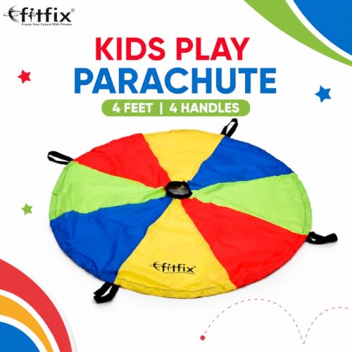 Image of Fitfix Sports Theme Rainbow Parachute 4feet, 4 Handles with Carry Bag for Kids in Bright Colors for Outdoor Sports Development, Team Building,Games, Tent, Cooperative Games- Multicolor