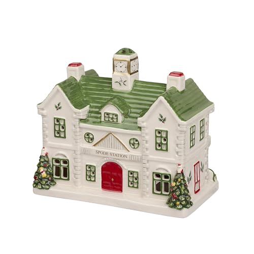 Spode Dolomite Christmas Collectible - Ceramic LED Lighted Miniature Christmas Village Set with Figural Decoration - Indoor Display