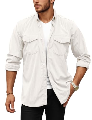 COZYPOIN Men's Corduroy Shirt Jacket Long Sleeve Button Up Casual Work Shacket with Flap Pockets