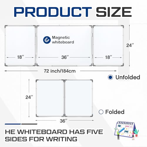Image of AmazingSpark 72 inch x 24 inch Foldable Whiteboard Dry Erase Board Large Tri Folding Whiteboard Magnetic Dry Erase Board, Wall Aluminium Frame and Flip Out Pen Tray for Office, Home