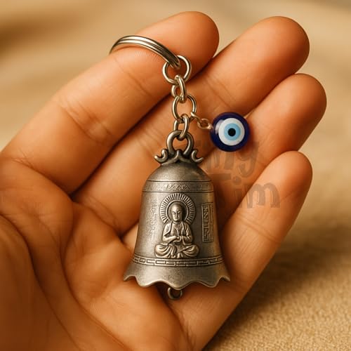 Image of Tiny Tim Guardian Bell with Evil Eye Charm - Protective Motorcycle & Car Accessory - Tibetan-Inspired Design - Wards Off Negative Energy - Ideal Gift for Bikers & Travelers