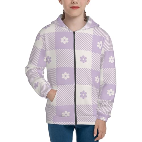 Floral Purple Buffalo Plaid Kid Hoodies Boys Zip Up Sweatshirts Girls Pullover with Pocket3