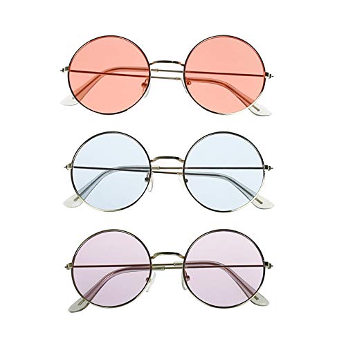 lieomo John Lennon Hippie Style 60's Style Circle SunglassesGlasses Favors, Costume and Party Accessory - 3 Pack(Pink Purple and Blue)