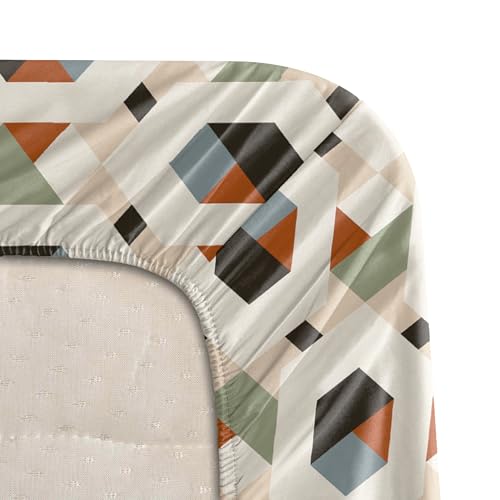 Image of BLISSHOME SoftTouch 150TC Cotton King Size Fitted Bedsheet with 2 Pillow Covers, Silky Smooth Bedding Set, Breathable, Easy Maintain, Geometric Pattern - Cream (183cm x 198cm + 25cm Drop)