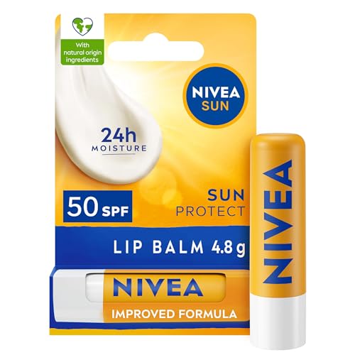 NIVEA SUN Protect Caring Lip Balm SPF50 (4.8g), Factor 50 Balm with Shea Butter, Protection Against UVA/UVB Rays with 24H Moisture, Lip Care, No White Cast