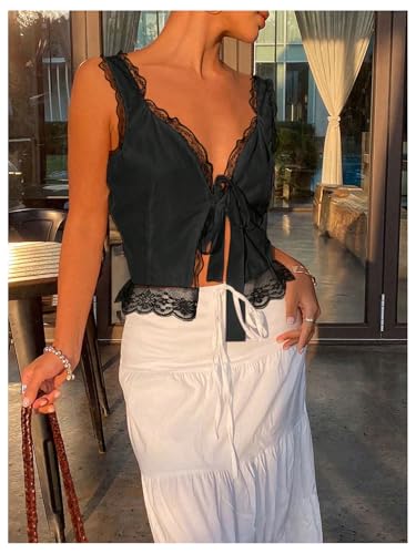 SOLY HUX Women's Y2k Lace Trim Open Tie Front Tank Top V Neck Sleeveless Tops Plain Black Medium-14