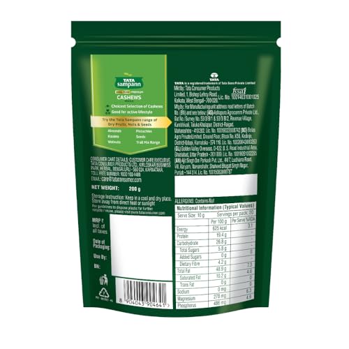 Image of Tata Sampann Pure Cashews Whole /Kaju, 200g, Nutritious & Delicious, Premium Kaju nuts, Rich in Protein, Magnesium & Phosphorus, Deluxe Size & Crunchy Nuts (Pack of 3)