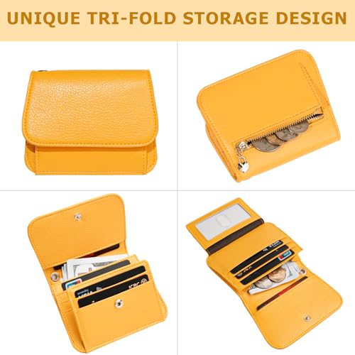 Image of Women Small Wallet RFID Blocking Slim Wallet with Coin Pocket Tri-Fold Credit Card Holder with ID Window and Keychain(Light Yellow)