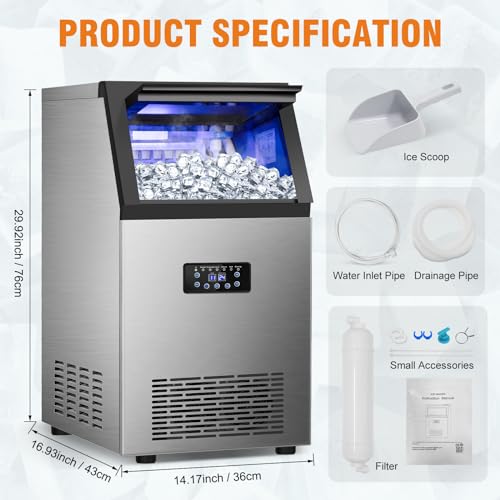Image of Commercial Ice Maker Machine, 120Lbs /24H with 30Lbs Storage Bin, 40Pcs Ice Cubes 6Mins, 2-Way Add Water Under Counter Freestanding Ice Maker Commercial for Home Bar Office