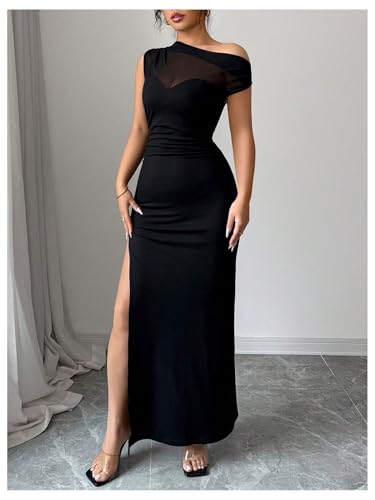 GORGLITTER Women's Mesh One Shoulder Bodycon Maxi Dress Elegant Classy Sleeveless Cocktail Prom Casual Summer Sundress2