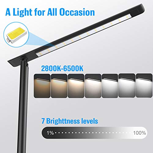 Pxwaxpy LED Desk Lamp, Multifunctional Eye-Caring Table Lamp with USB Charging Port, 4 Lighting Modes with 7 Brightness Levels 18W Touch Control Dimmable Office Lamp Foldable Reading Lamp with Adapter