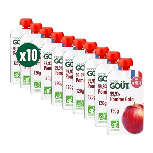 GOOD GOÛT - Gourdes Pomme Gala - Purée Bébé - Dès 4 Mois - 99,9% Pomme Gala - Sans Sucres Ajoutés - Fabriqué En France - 10x120g