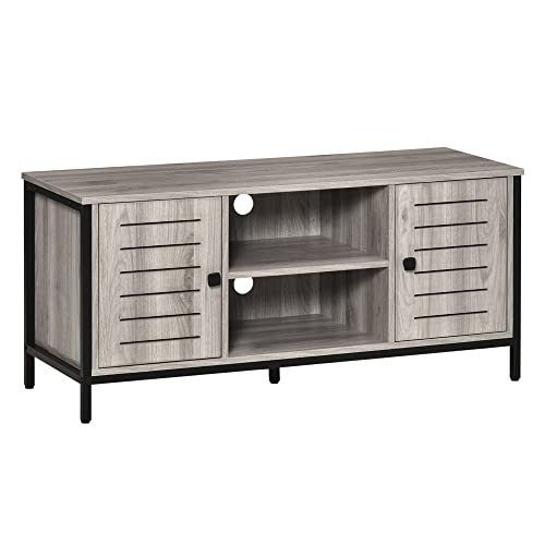 HOMCOM Mueble de TV para Televisores de hasta 50 Pulgadas Mesa para TV de Salón Estilo Industrial con 2 Puertas Cerrados de Persiana y 2 Estantes Abiertos 110x40x50 cm Gris Roble