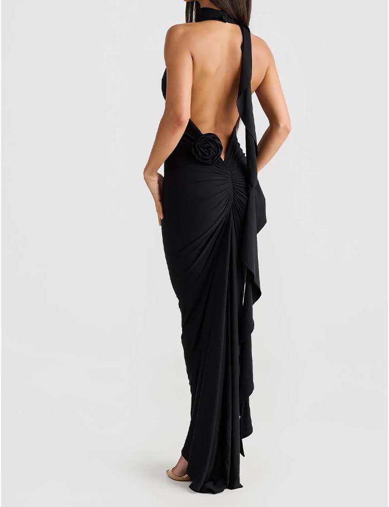 Women Sexy Backless Dress Halter Deep V Neck Detachable Flower Sleeveless Open Back Maxi Dress Cocktail Prom Formal Dresses - Image 2