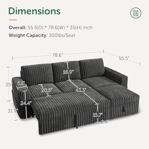 Image of HONBAY Modular Sectional Sofa with Pull Out Bed,Corduroy L Shaped Sleeper Sofa with Storage, Sectional Couches for Living Room,Dark Grey