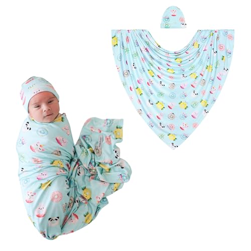 Image of Posh Peanut Swaddle Blanket & Headband Set - Viscose from Bamboo Stretchy Baby Swaddle for Newborn Girls, Receiving Blanket or Nursing Cover