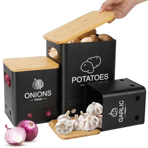 Otauoaea Lot de 3 Boite Pomme de Terre, Rangement Pomme de Terre Oignon Ail Echalotte | Boite Onion Conservation Pomme de Terre | Panier Oignons Ail Echalotte avec...