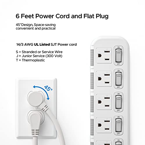 Crst Power Strip Surge Protector With Safety Case 15A Power Strips With Individual Switch, 6-Outlet, 1875W, 6-Feet 14Awg Cord With Hook And Loop Fastener #TOP4