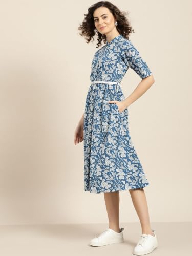 Image of Rama's Women's Printed Cotton One Piece Dress | V-Neck | 3 /4 Sleeves | Empire Waist | Knee Length Casual Dress for Women