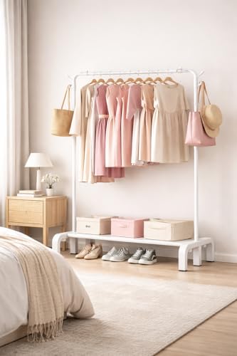 Image of Raawan Heavy Duty Double Rod Clothes Rack with Side Storage Shelves | Metal Garment Stand Organizer | Space Saving Cloth Hanger Stand for Bedroom, Living Room & PG (1 LAYER WHITE)