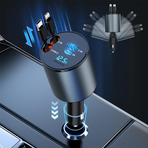 Retractable Car Charger 100W 4 in 1 Car Charger Adapter with Type-C & Ligning Retractable Cables and 2 USB Ports, Electric Car Charger for iPhone 15 14 13 12 Pro Max Plus/Samsung Galaxy/Huawei/Xiaomi