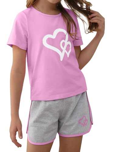 Image of Girl's 2 Piece Outfits Cute Summer T-Shirt and Graphic Shorts Clothing Sets Pink 11-12Y