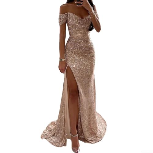 Schönes langes Damenkleid mit Pailletten im geteilten Stil für Abendveranstaltungen und Veranstaltungen (Größe S Gold)