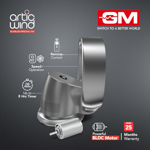 Image of GM Artic Wind Bladeless Personal Fan with Digital Display, Remote Access, Purifies Air & Eliminates Odour, 9-Speed BLDC Motor, Wi-Fi Control, Table /Wall Mount, 8 Hours Timer, 25-Month Warranty - Grey
