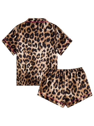 Women's 2 Piece Stain Pajama Set Leopard Button Front Short Sleeve Cheetah Collar Shirt and Shorts Sleepwear Set Pjs2