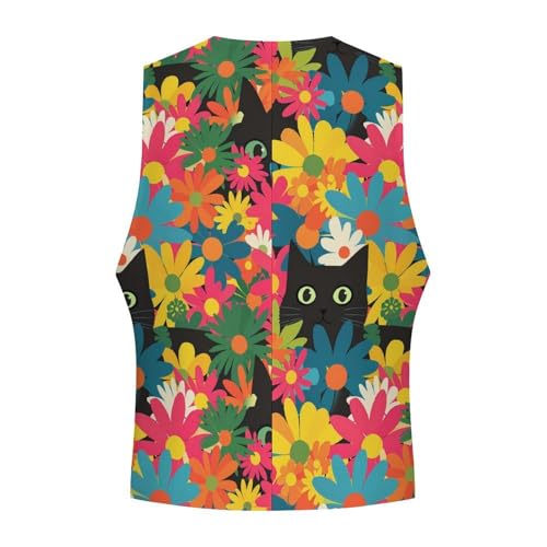 Black Cat Hiding in Spring Flowers Novelty Men's Suit Vest Casual Formal Dress Vests Business Waistcoat4