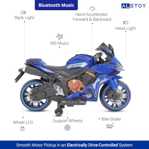 Image of Alstoy RR Kids Electric Ride-On Toy Bike | 12V Rechargeable Battery Operated for Kids | Bluetooth Music | 70kg Capacity | BIS /ISI Approved | Ages 5to12 Years | 6-Month Warranty | Large | Blue