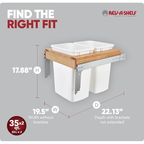 Image of Rev-A-Shelf Top Mount Double Pullout Under Cabinet 35 Quart Kitchen Trash Cans, 150 Pound Rated Full-Extension Slides, 4WCTM-21DM2-495-FL