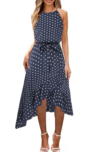 ECOWISH Polka Dot Women Summer Dress Midi A Line Ruffle High Low Sleeveless Boho Floral Halterneck Cocktail Tie Knot Sundress Blue X-Small